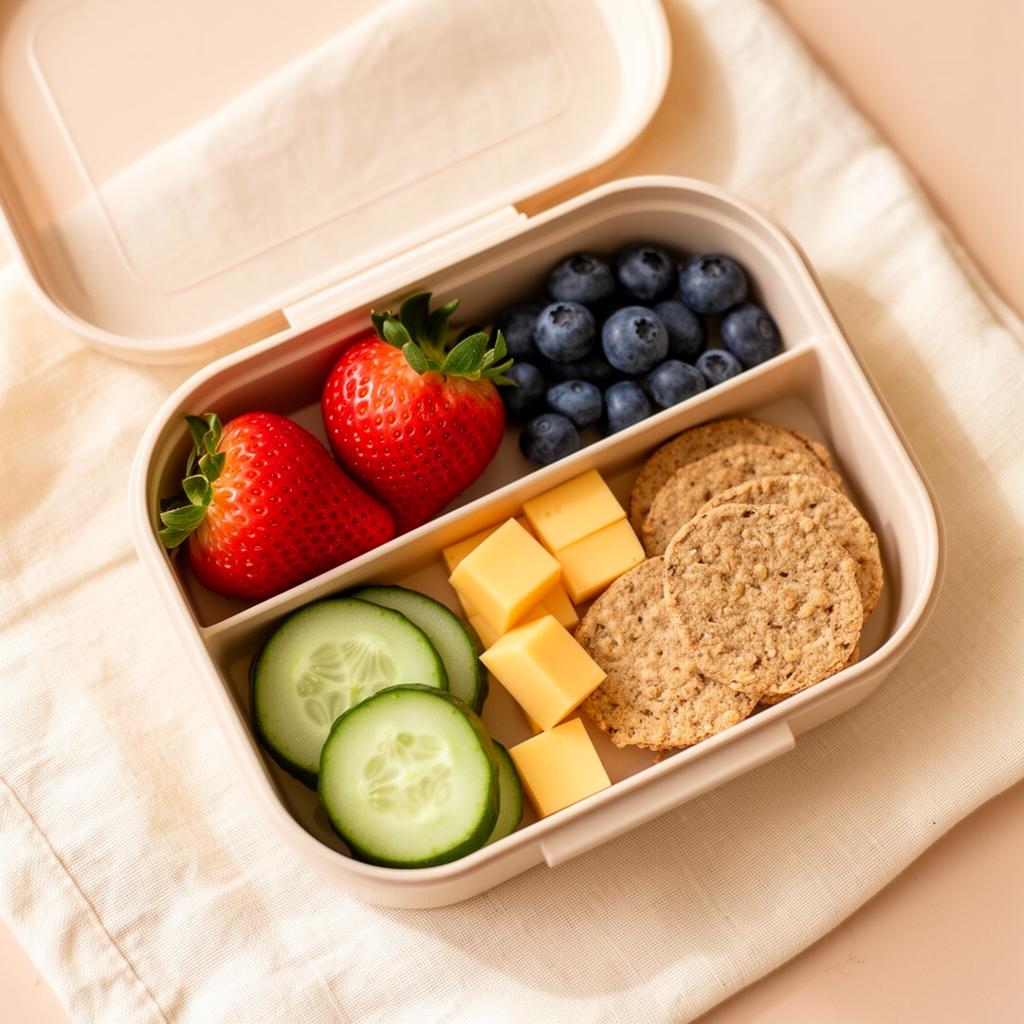 Toddler bento lunchbox with strawberries, blueberries, cucumber, cheese, and crackers