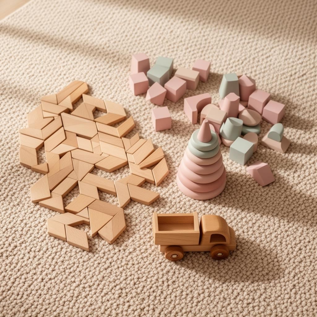 Wooden magnetic tiles, pastel blocks, and a small wooden truck on a beige rug