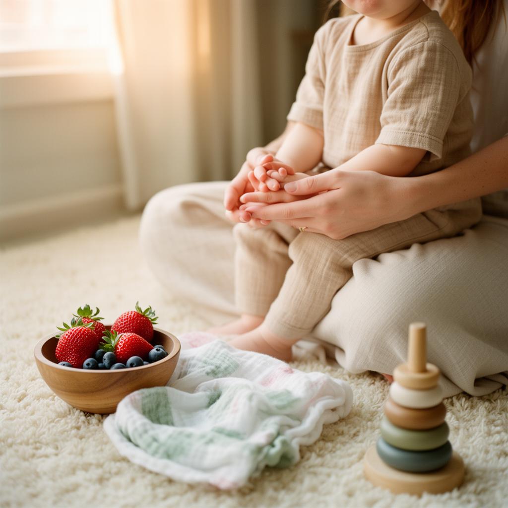 A mother gently holding her toddler's hands on a soft cream rug, with a wooden bowl of berries, a muslin cloth, and a wooden stacking toy nearby in warm window light