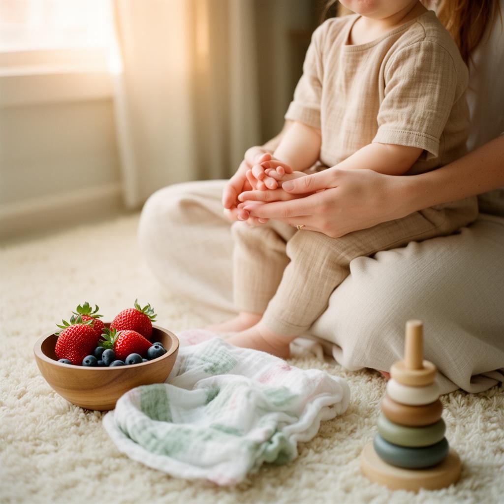 A mother gently holding her toddler's hands on a soft cream rug, with a wooden bowl of berries, a muslin cloth, and a wooden stacking toy nearby in warm window light